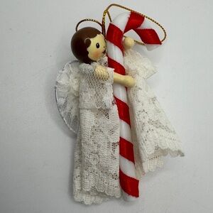 Vintage Avon Christmas Ornament Heavenly‎ Angel Candy Cane Lace Wooden 1990s